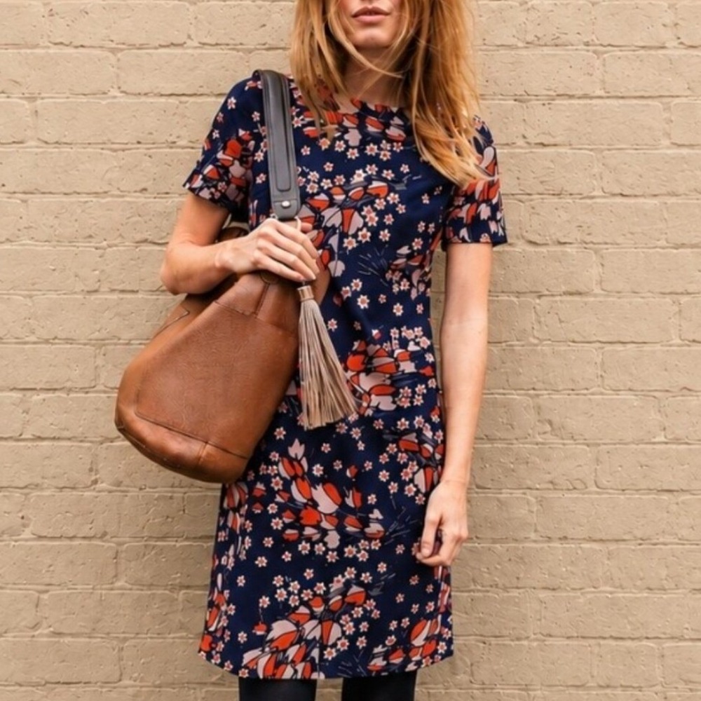 Boden Easy Shift Dress Navy Retro Mod Floral Short Sleeve US 8R
